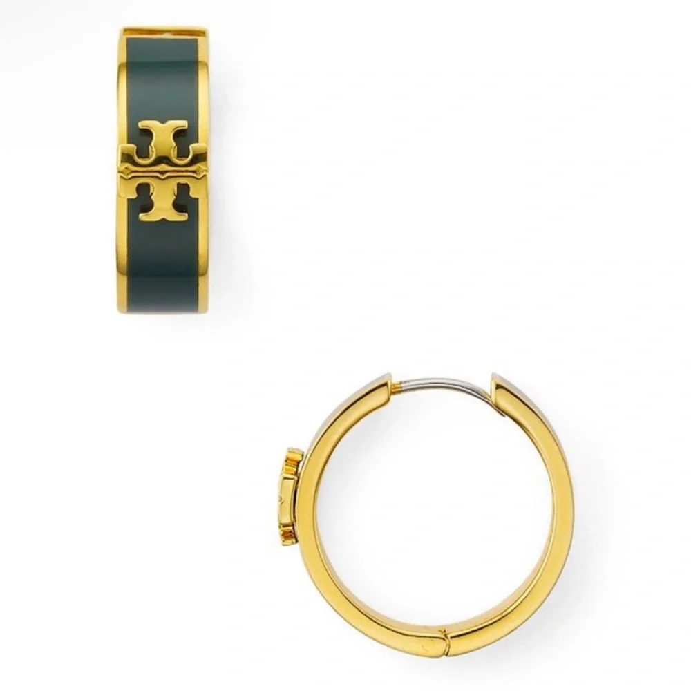 TORY BURCH Kira Dark Green Gold Enamel Hoop Earrings $139 NEW